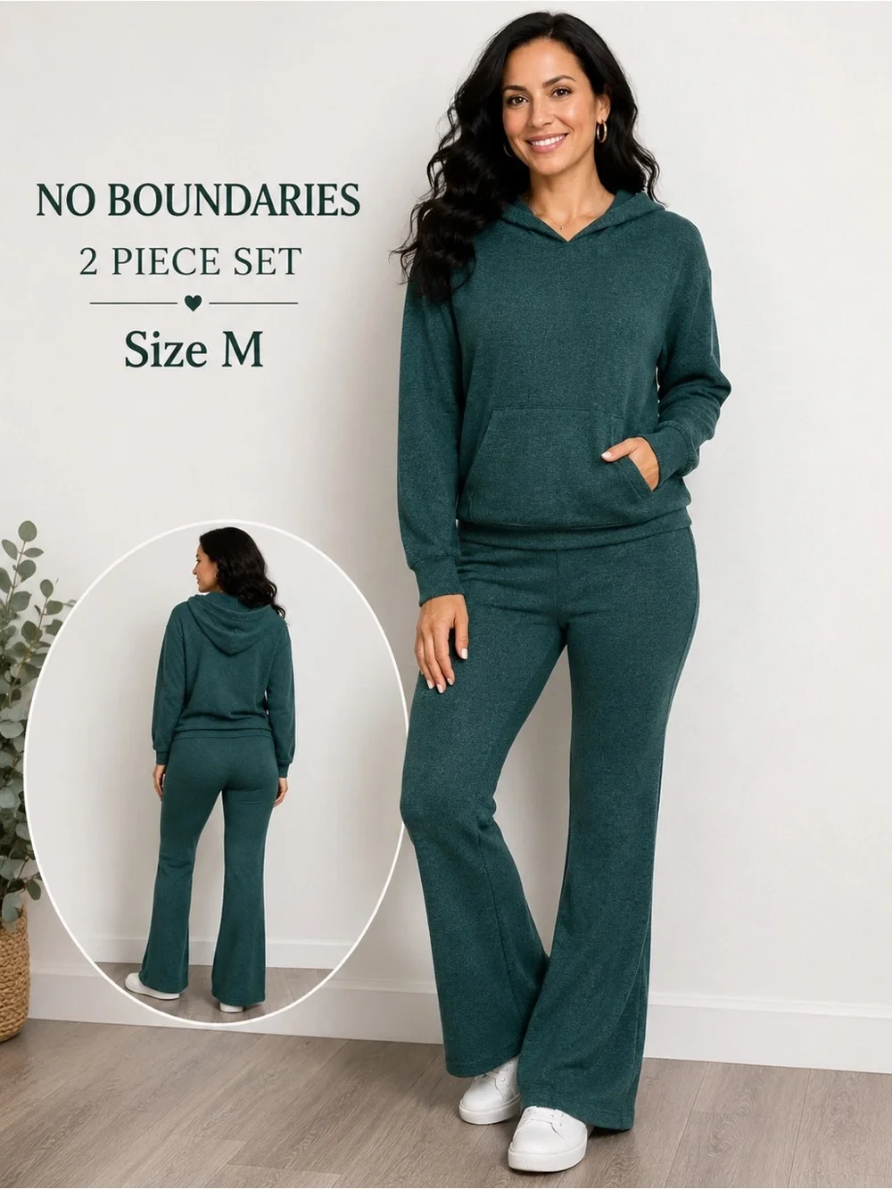 No Boundaries Women’s Green 2-Piece Hoodie & Flare Pants Set casual comfort/M